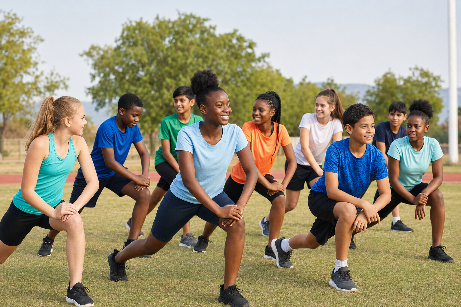 A diverse group of children and teenagers exercising together during a community sports session.