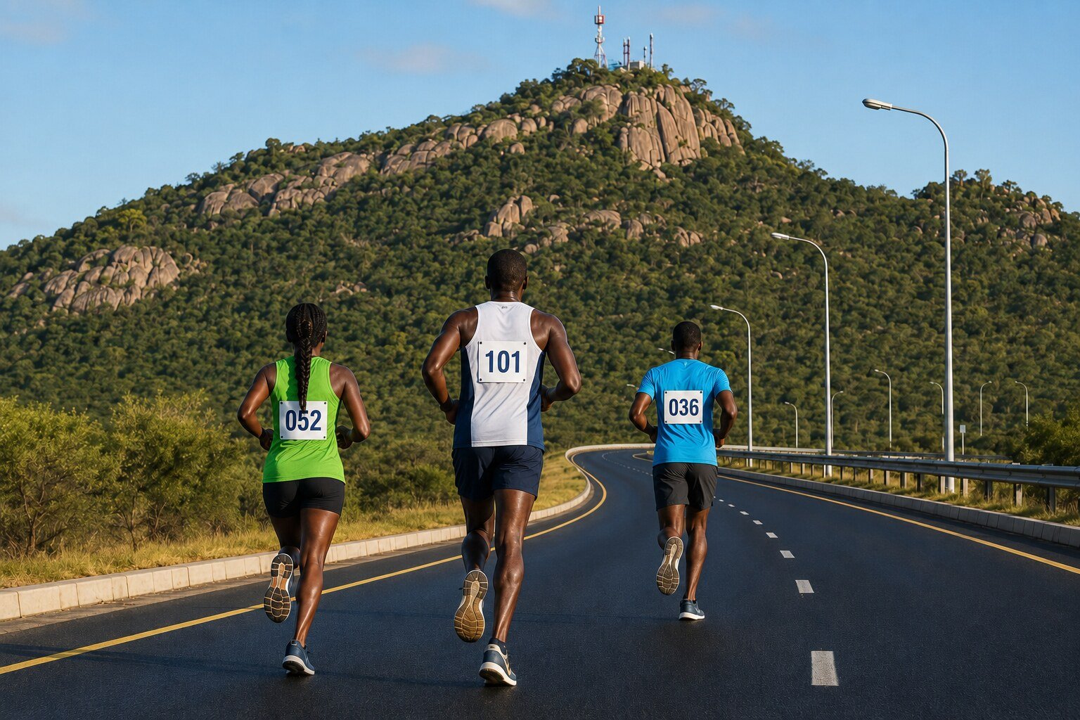 Three numbered endurance runners on the road toward Kgale Hill during the Gabs 52 Ultra Marathon